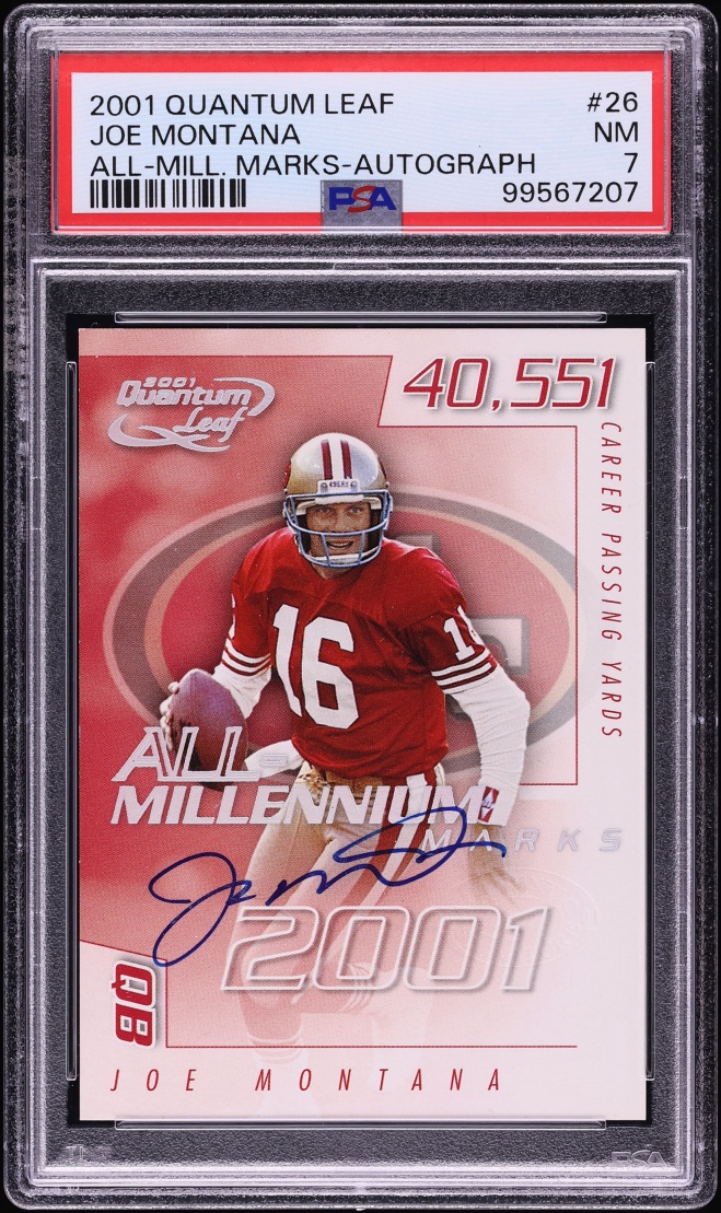 2001 Quantum Leaf All-Millennium Marks Joe Montana AUTO /100 #26 PSA 7 NRMT - Photo 1