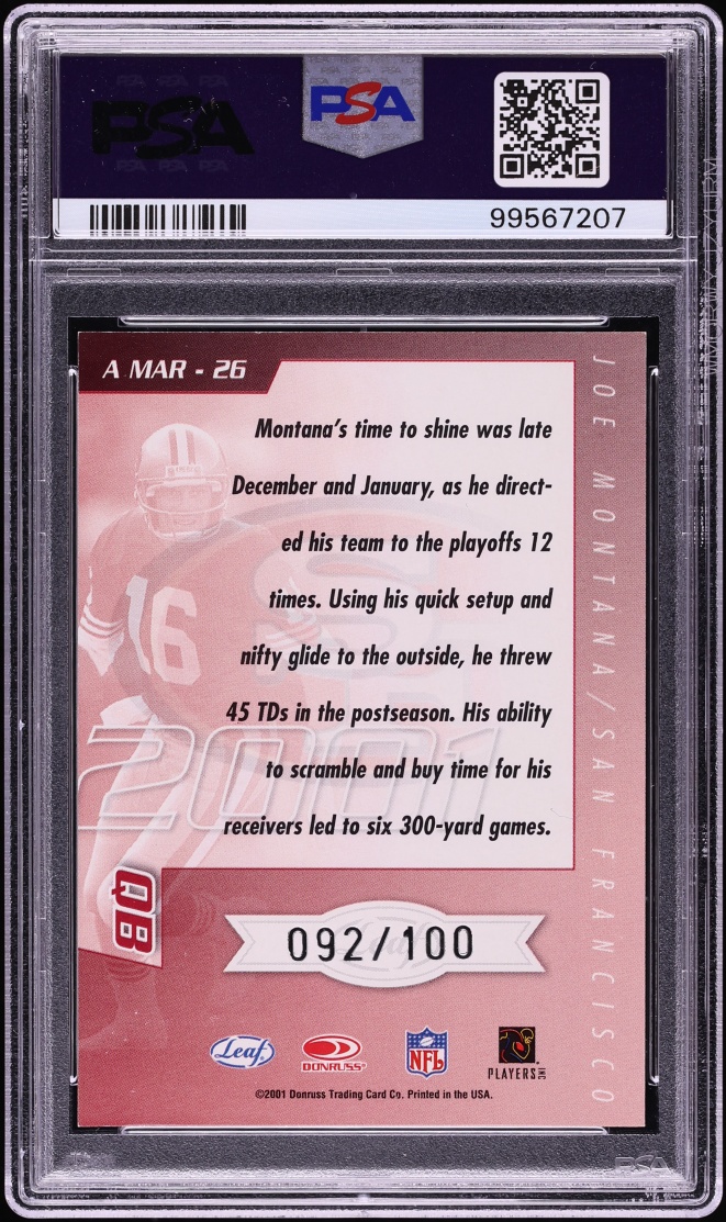 2001 Quantum Leaf All-Millennium Marks Joe Montana AUTO /100 #26 PSA 7 NRMT - Photo 2