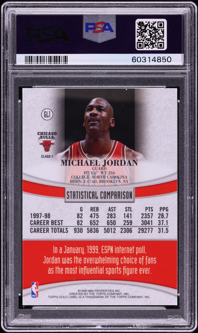 1998 Topps Gold Label Black Michael Jordan #GL1 PSA 9 MINT - Photo 2
