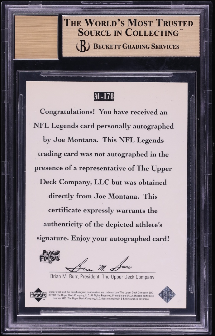 1997 Upper Deck Legends Joe Montana AUTO #AL178 BGS 9.5 GEM MINT - Photo 2