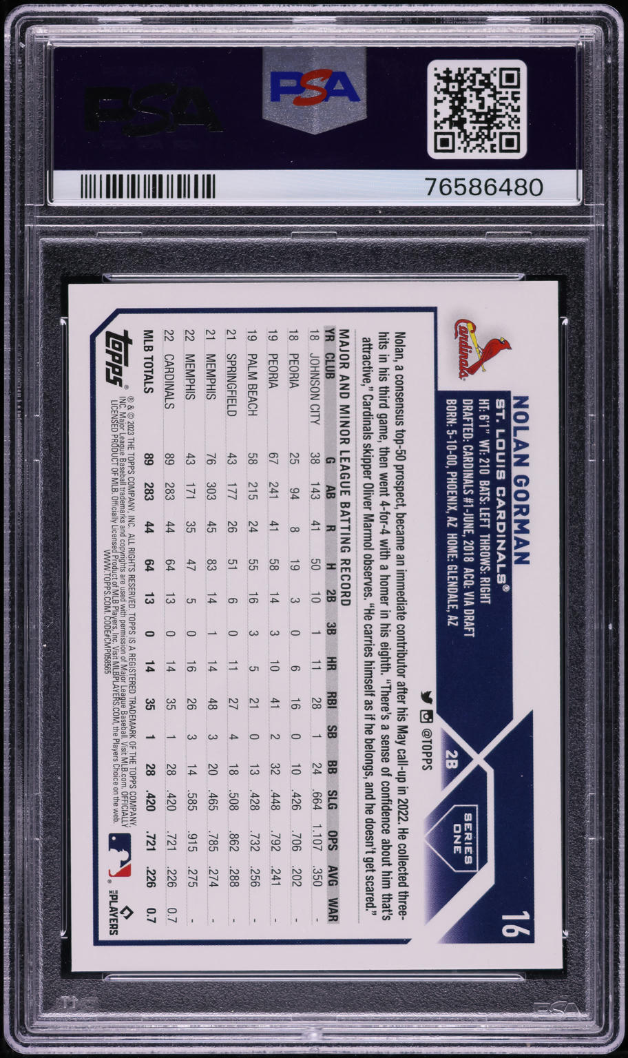 2023 Topps Nolan Gorman ROOKIE #16 PSA 10 GEM MINT