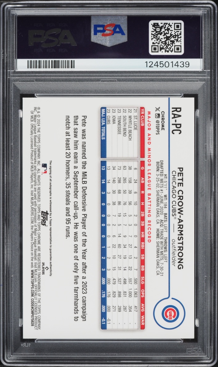 2024 Topps Chrome Pete Crow-Armstrong ROOKIE AUTO #RA-PC PSA 10 GEM MINT
