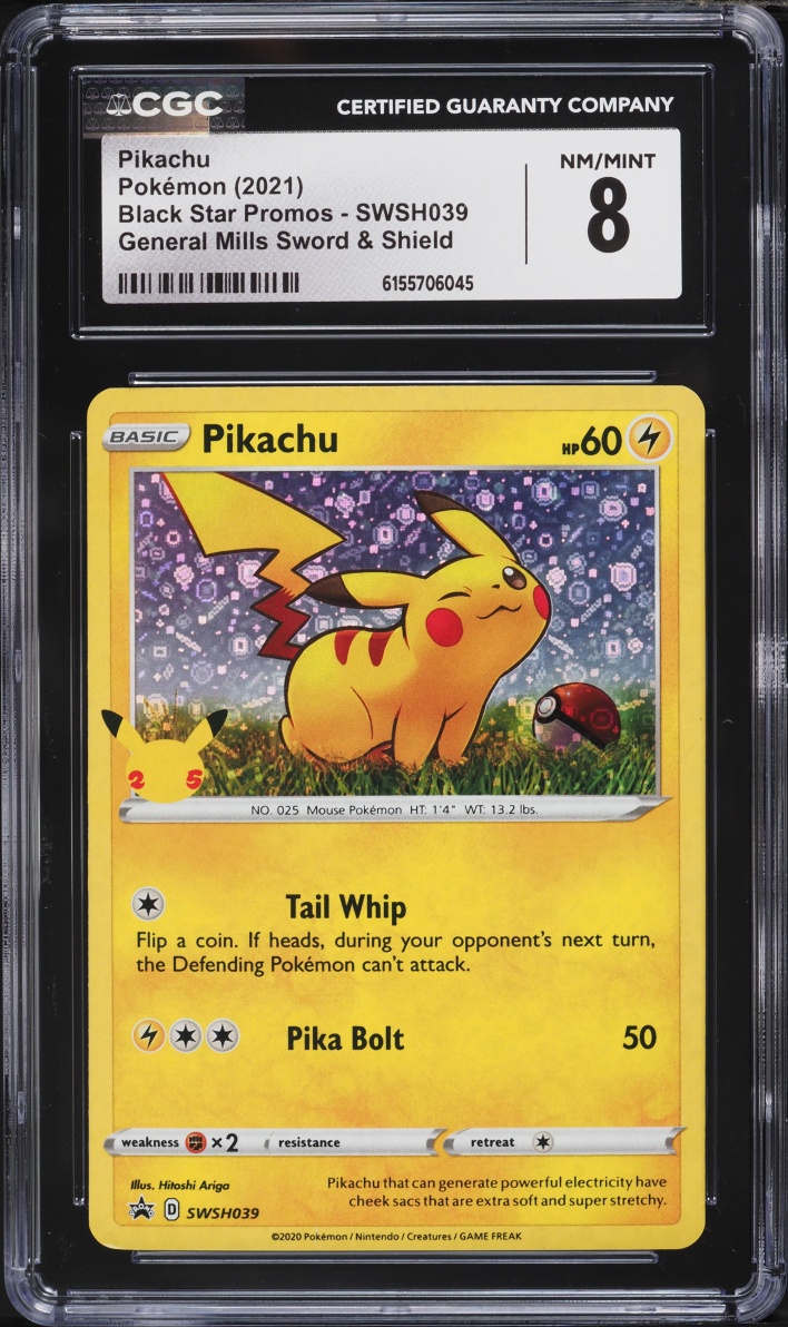 2021 Pokemon Sword & Shield Black Star Promo General Mills Holo Pikachu #SWSH039 CGC 8 NM-MT