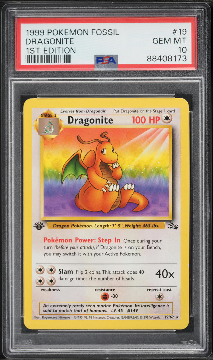 1999 Pokemon Fossil 1st Edition Dragonite #19 PSA 10 GEM MINT