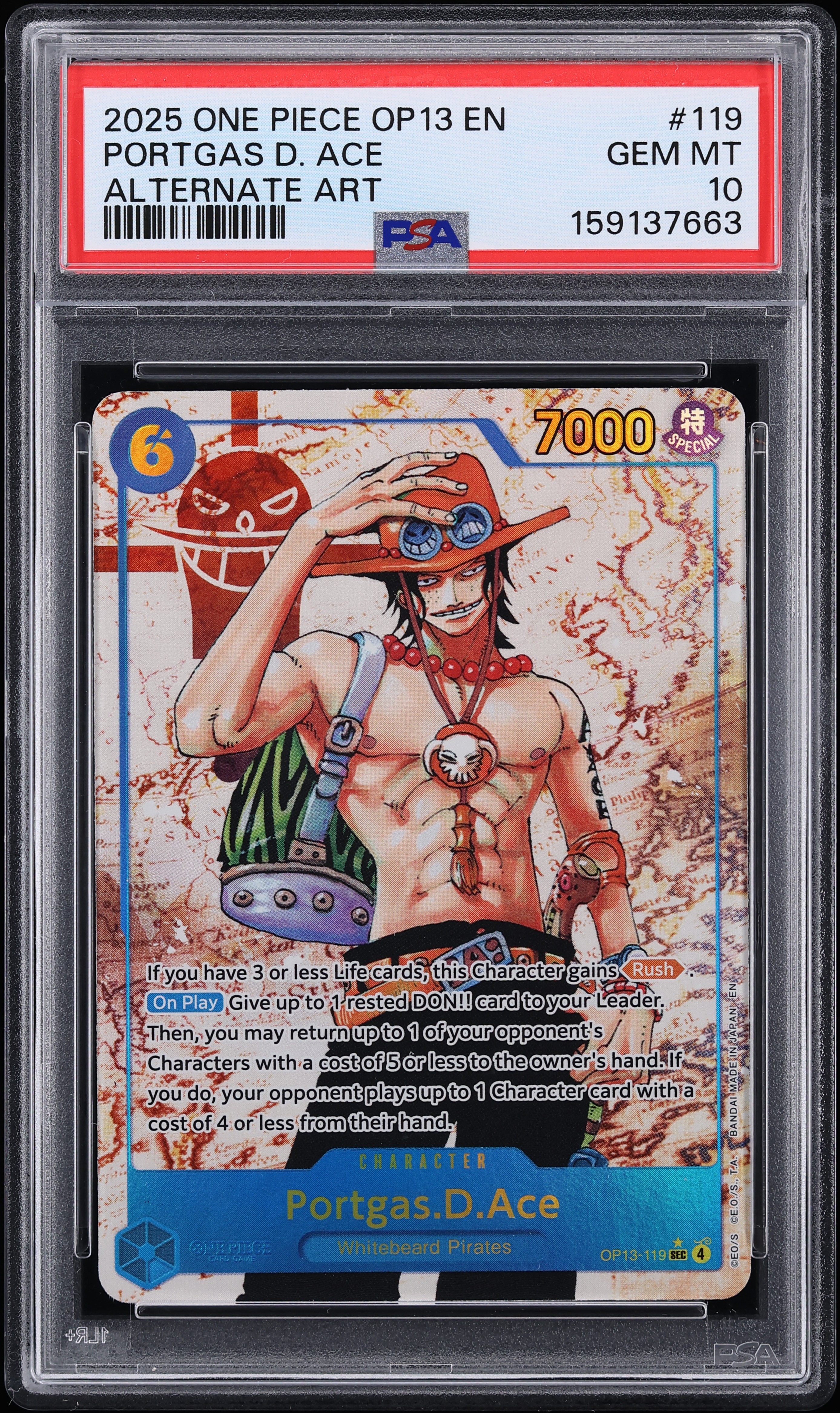 2025 One Piece Carrying On His Will SEC Alt Art Portgas D. Ace #OP13-119 PSA 10 GEM MINT