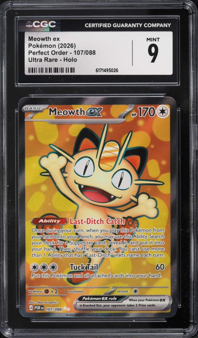 2026 Pokemon Mega Evolution Perfect Order Full Art Meowth ex #107 CGC 9 MINT