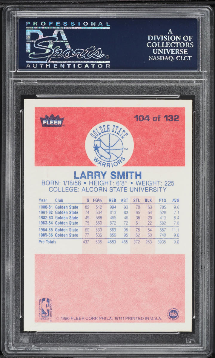 1986 Fleer Basketball Larry Smith ROOKIE #104 PSA 10 GEM MINT