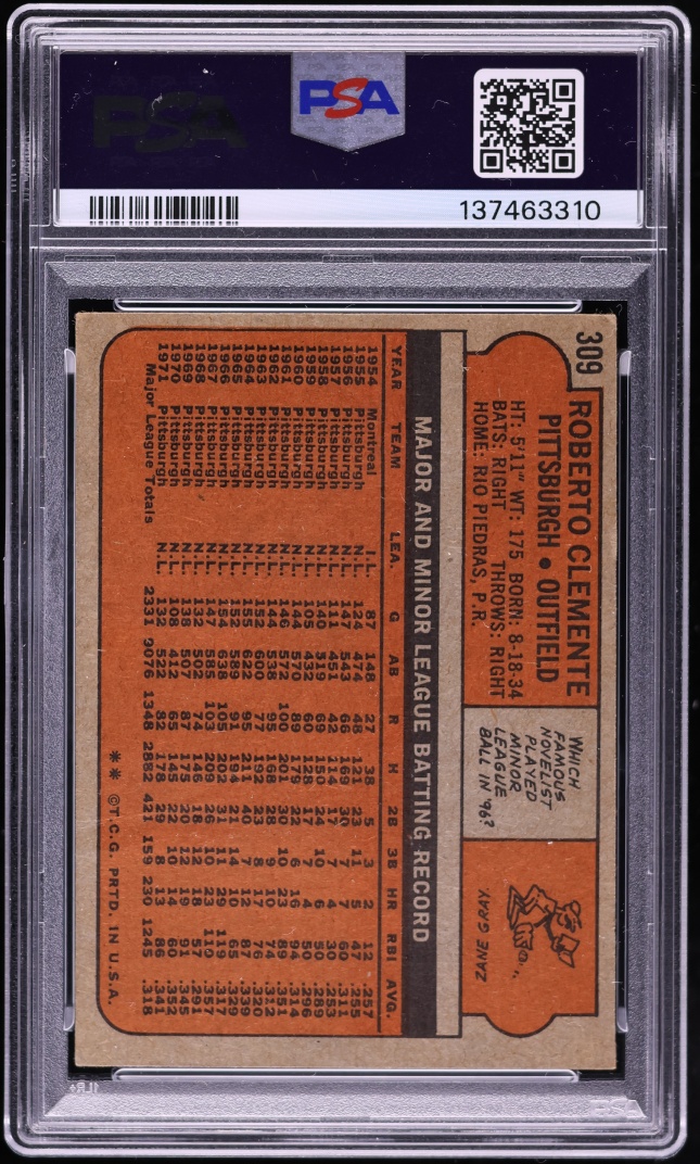 1972 Topps Roberto Clemente AUTO DNA 10 #309 PSA AUTH