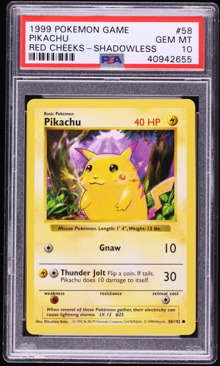 1999 Pokemon Base Set Shadowless Red Cheeks Pikachu #58 PSA 10 GEM MINT