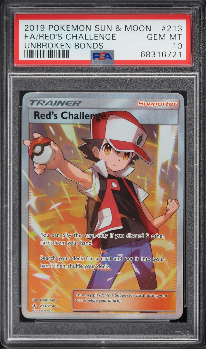 2019 Pokemon Sun & Moon Unbroken Bonds Full Art Red's Challenge #213 PSA 10 GEM MINT