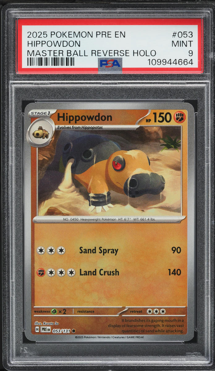 2025 Pokemon Scarlet & Violet Prismatic Evolutions Master Ball Reverse Holo Hippowdon #53 PSA 9