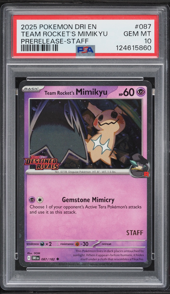 2025 Pokemon SV Destined Rivals Prerelease Staff Holo Team Rocket's Mimikyu #87 PSA 10 GEM MINT