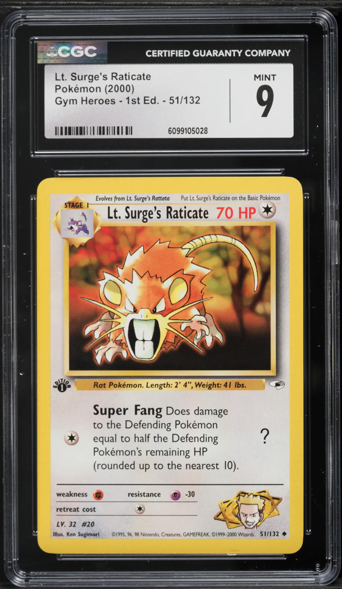 2000 Pokemon Gym Heroes 1st Edition Lt. Surge's Raticate #51 CGC 9 MINT