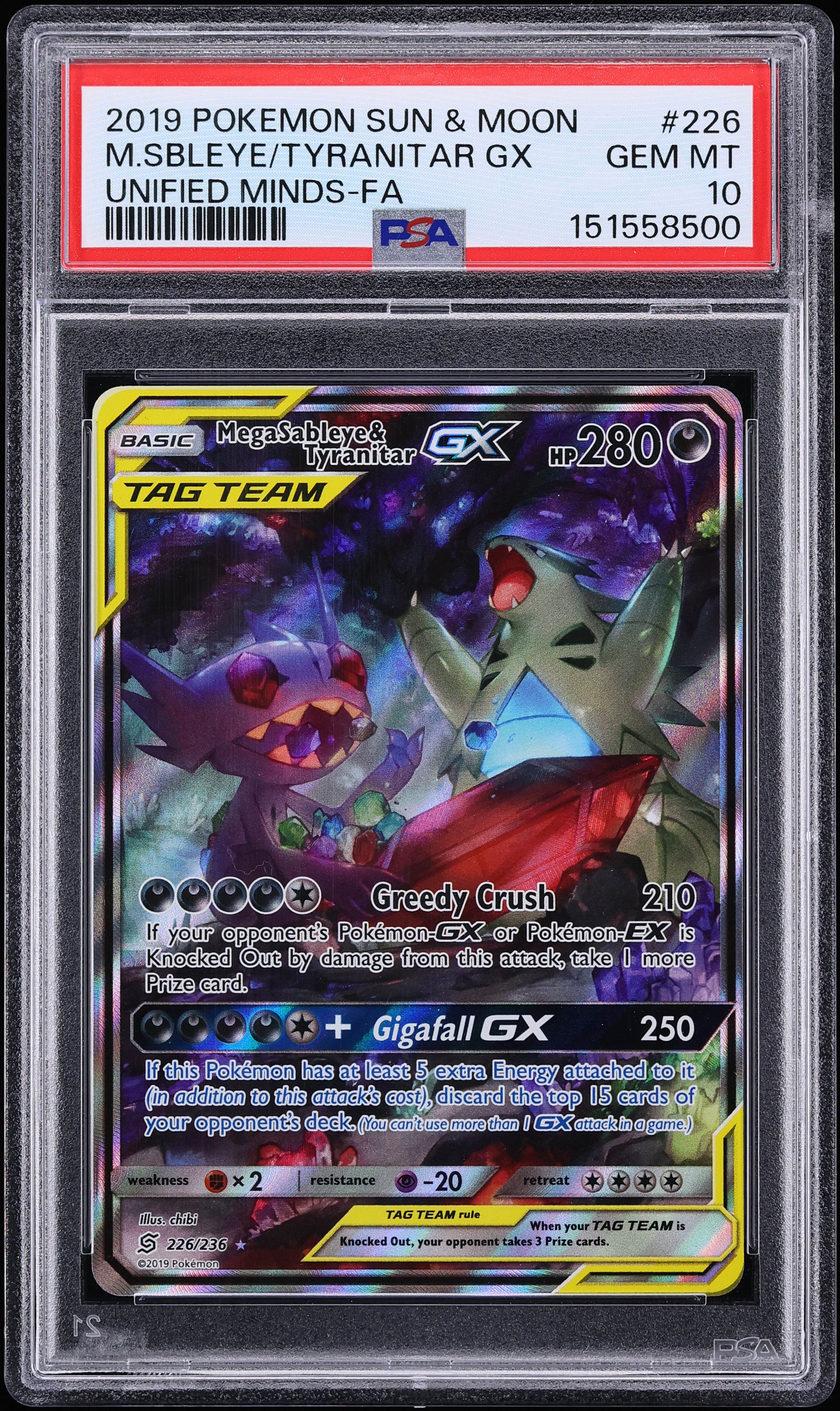 2019 Pokemon Sun & Moon Unified Minds Full Art Mega Sableye & Tyranitar GX #226 PSA 10 GEM MINT