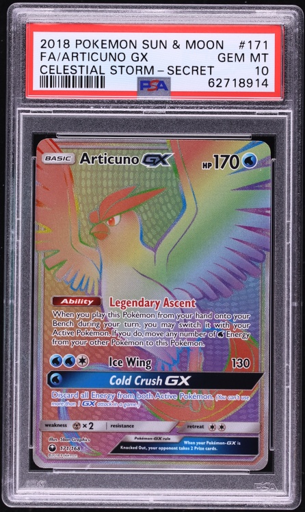 2018 Pokemon Sun & Moon Celestial Storm Rainbow Rare Articuno GX #171 PSA 10 GEM MINT