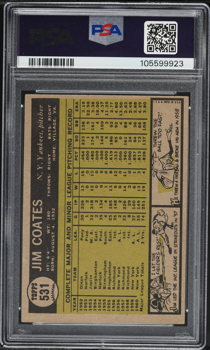 1961 Topps Jim Coates AUTO DNA 9 #531 PSA 4 VGEX