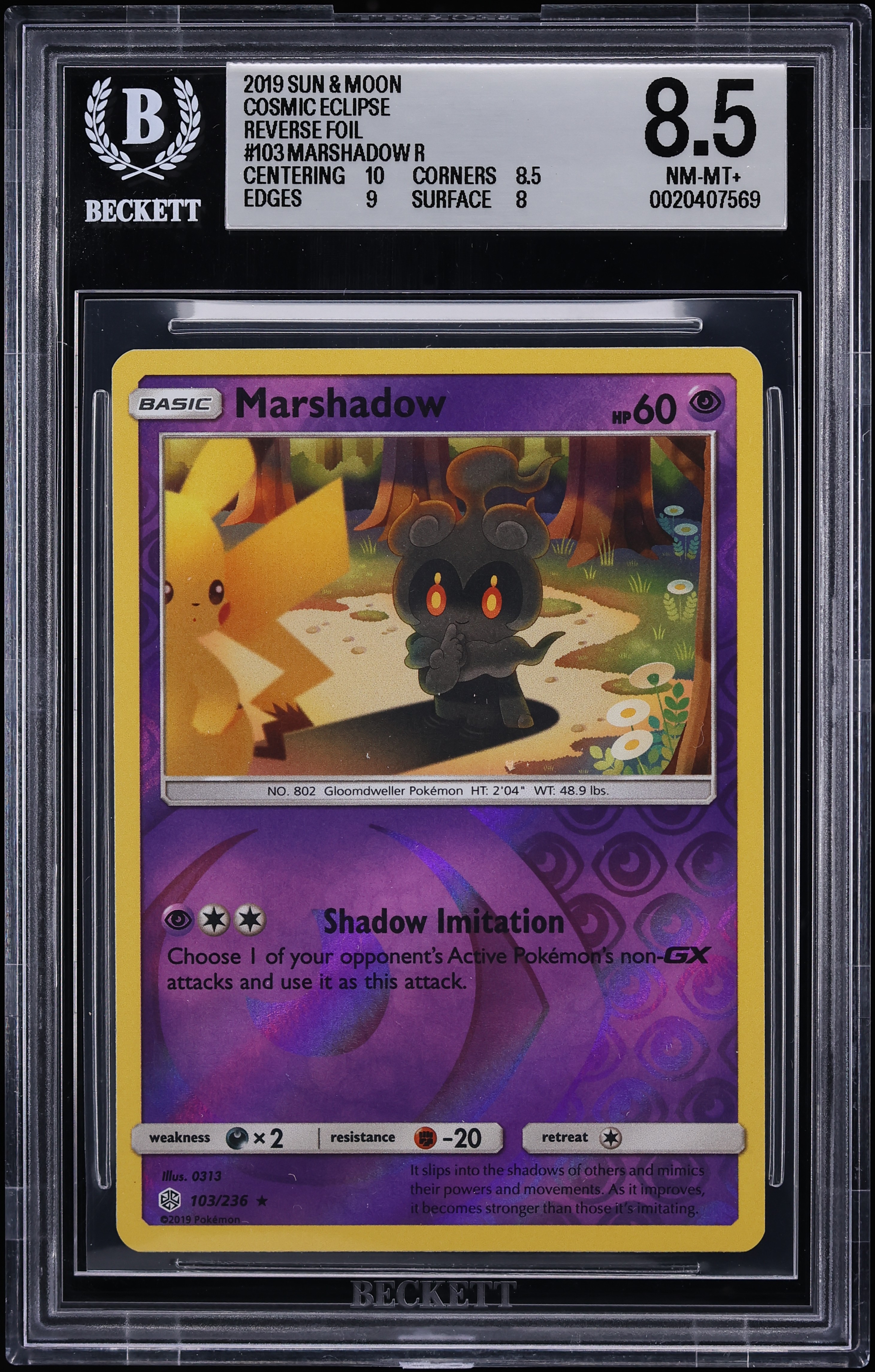 2019 Pokemon Sun & Moon Cosmic Eclipse Reverse Holo Marshadow #103 BGS 8.5 NM-MT+