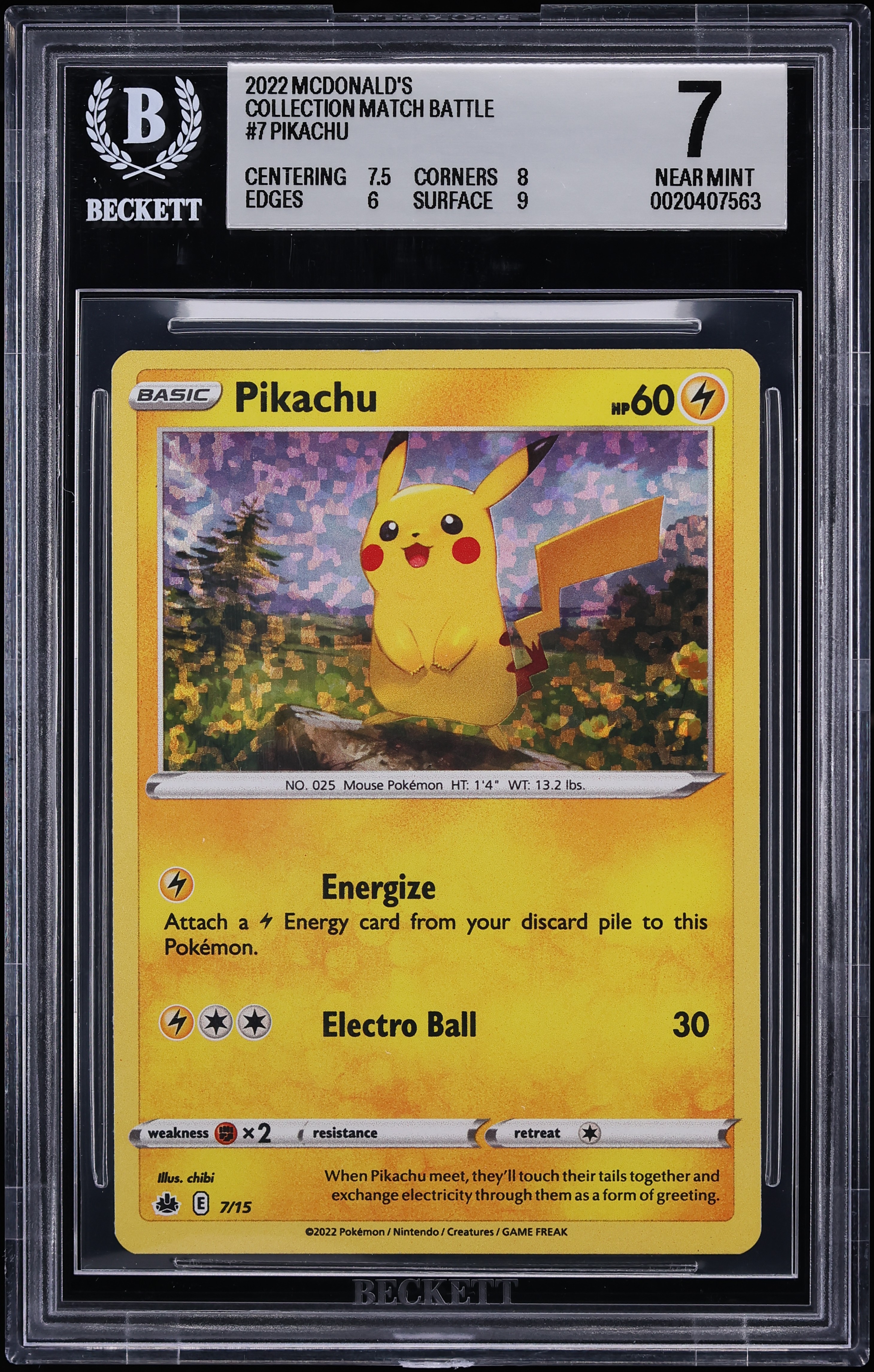 2022 Pokemon Sword & Shield McDonald's Collection Match Battle Holo Pikachu #7 BGS 7 NRMT