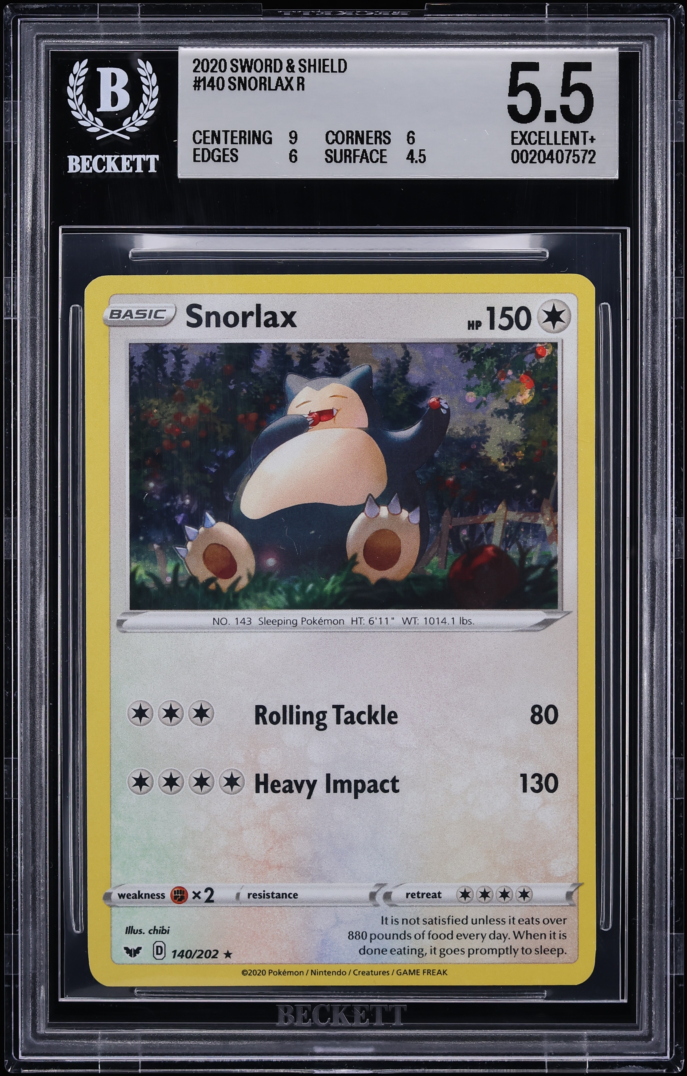 2020 Pokemon Sword & Shield Holo Snorlax #140 BGS 5.5 EX+
