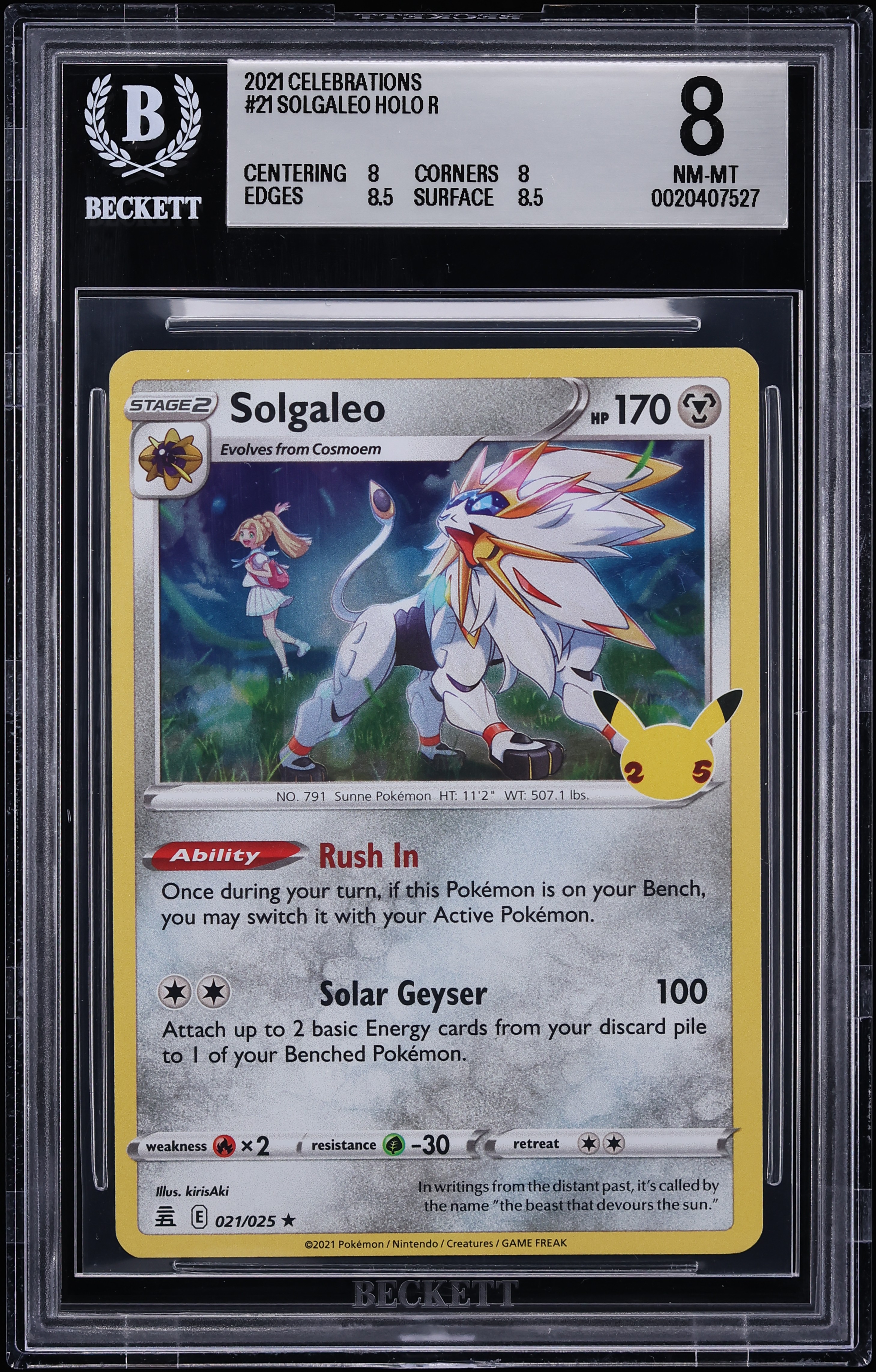 2021 Pokemon Sword & Shield Celebrations Holo Solgaleo #21 BGS 8 NM-MT