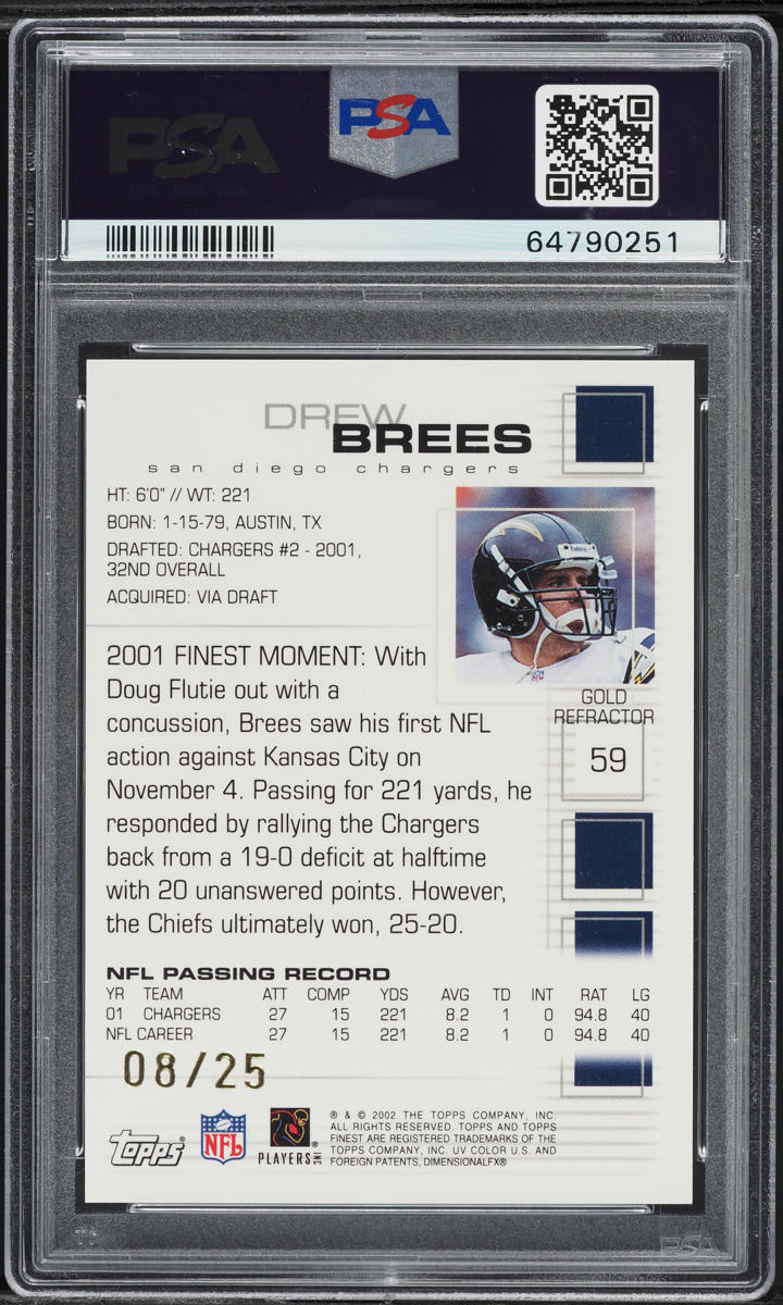 2002 Finest Gold Refractor Drew Brees /25 #59 PSA 10 GEM MINT - Photo 2
