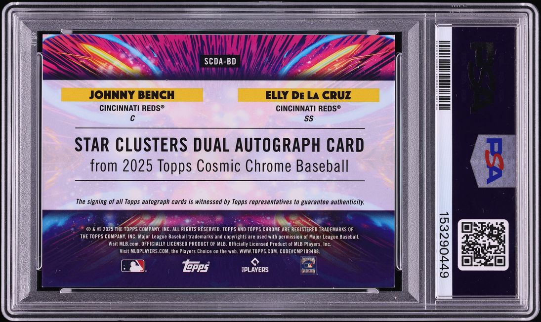 2025 Topps Chrome Cosmic Star Clusters Johnny Bench Elly De La Cruz AUTO /10 #SCDA-BD PSA 9