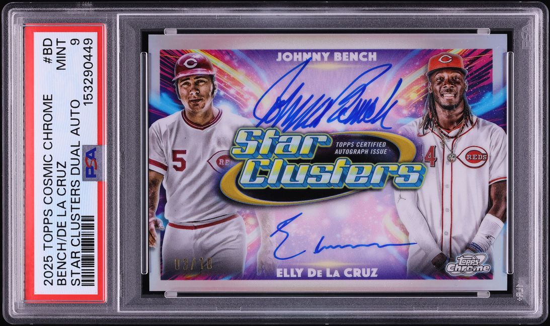 2025 Topps Chrome Cosmic Star Clusters Johnny Bench Elly De La Cruz AUTO /10 #SCDA-BD PSA 9