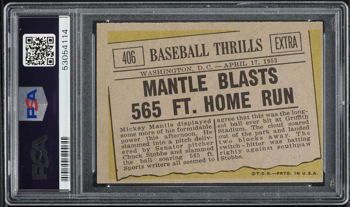1961 Topps Mantle Blasts 565 FT. HOME RUN #406 PSA 7(mc) NRMT