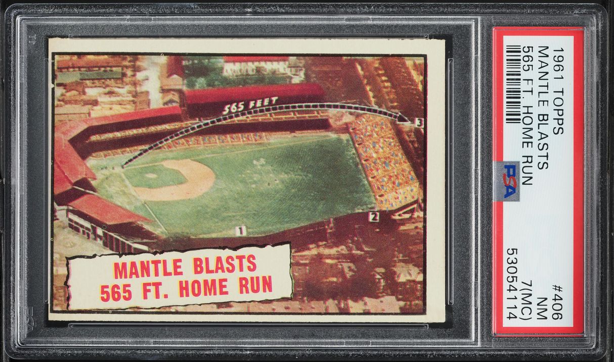1961 Topps Mantle Blasts 565 FT. HOME RUN #406 PSA 7(mc) NRMT