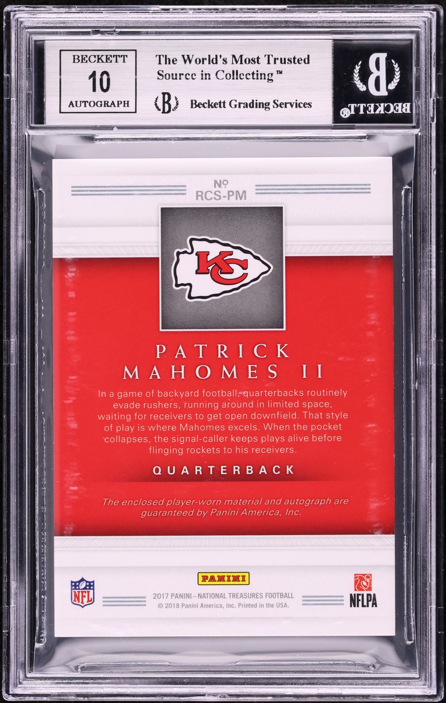 2017 National Treasures Patrick Mahomes II RC NFL SHIELD PATCH AUTO 1/1 BGS 8.5
