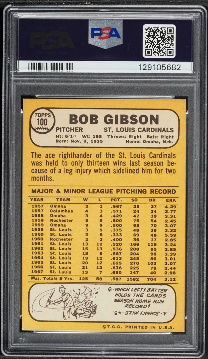 1968 Topps Bob Gibson #100 PSA 6 EXMT