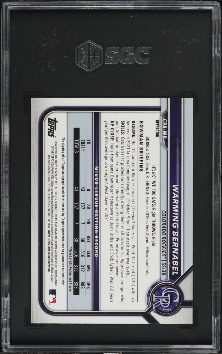 2022 Bowman Chrome Refractor Warming Bernabel PROSPECT AUTO /499 #CPA-WB SGC 9.5