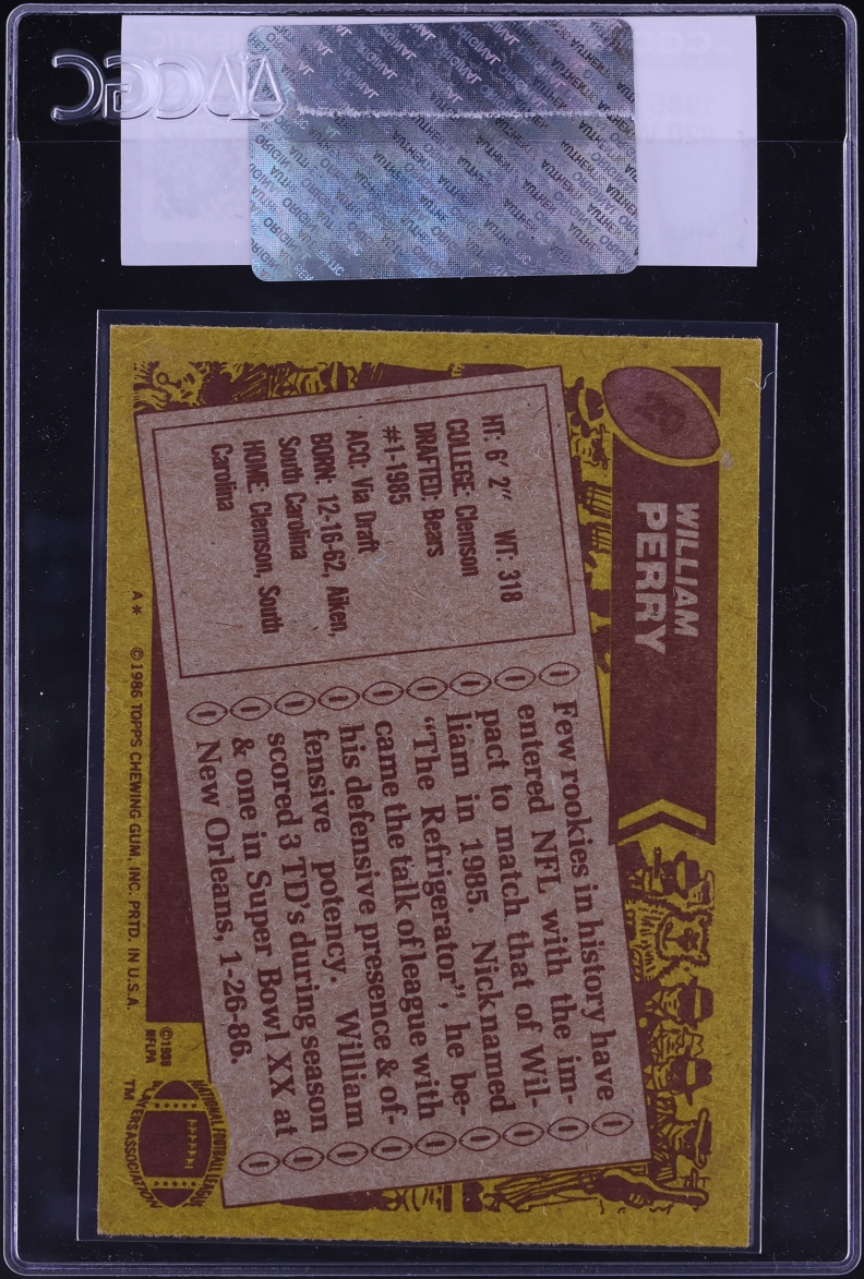 1986 Topps Football William Perry ROOKIE #20 CGC AUTH