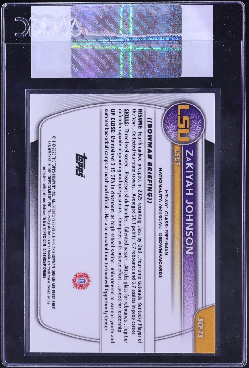 2025 Bowman Chrome University Floorboard Refractor ZaKiyah Johnson /125 #BCP-73 CGC AUTH