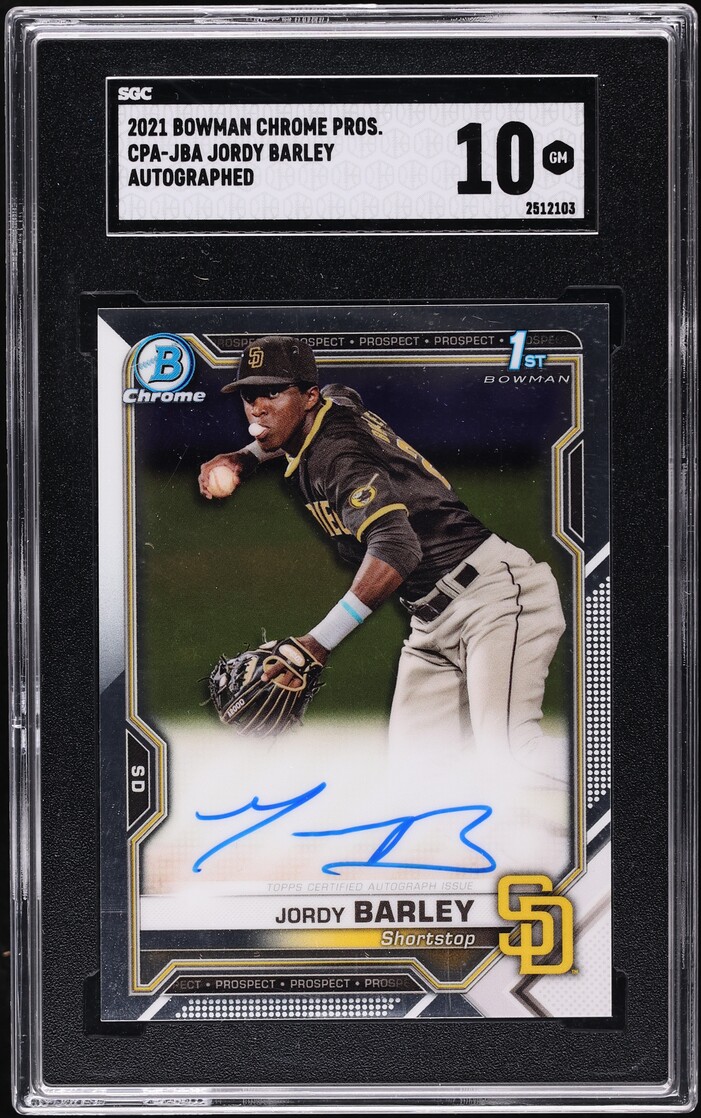 2021 Bowman Chrome Jordy Barley PROSPECT AUTO #CPA-JBA SGC 10 GEM MINT