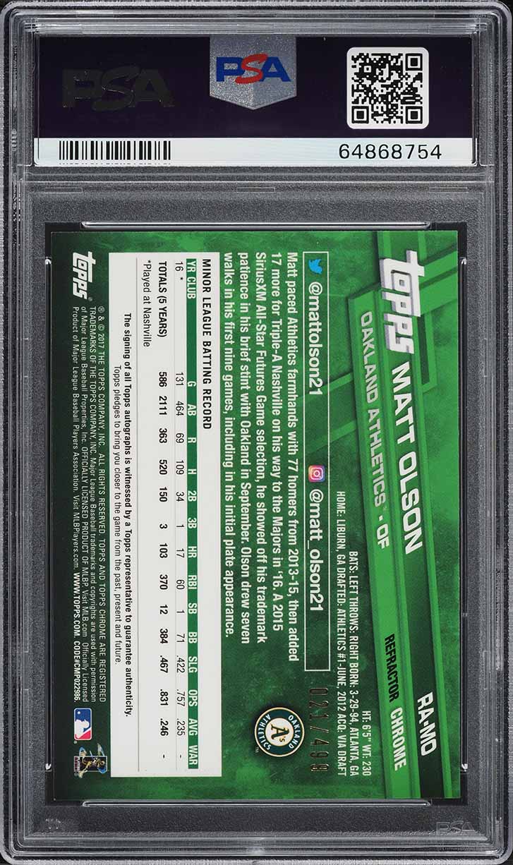 2017 Topps Chrome Refractor Matt Olson ROOKIE AUTO /499 #RA-MO PSA 9 MINT