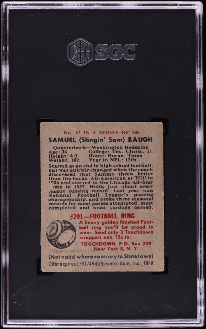 1948 Bowman Football Sammy Baugh ROOKIE #22 SGC 4 VGEX