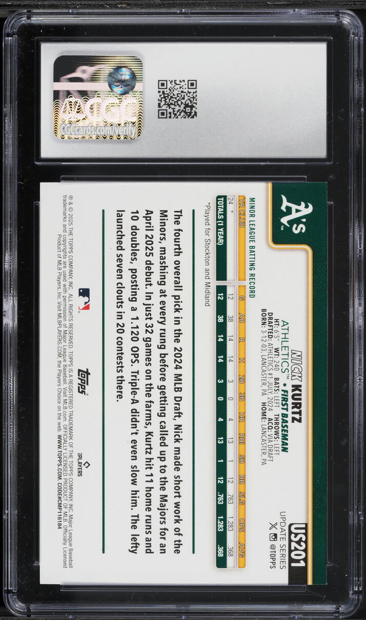 2025 Topps Update Nick Kurtz ROOKIE #US201 CGC 9 MINT