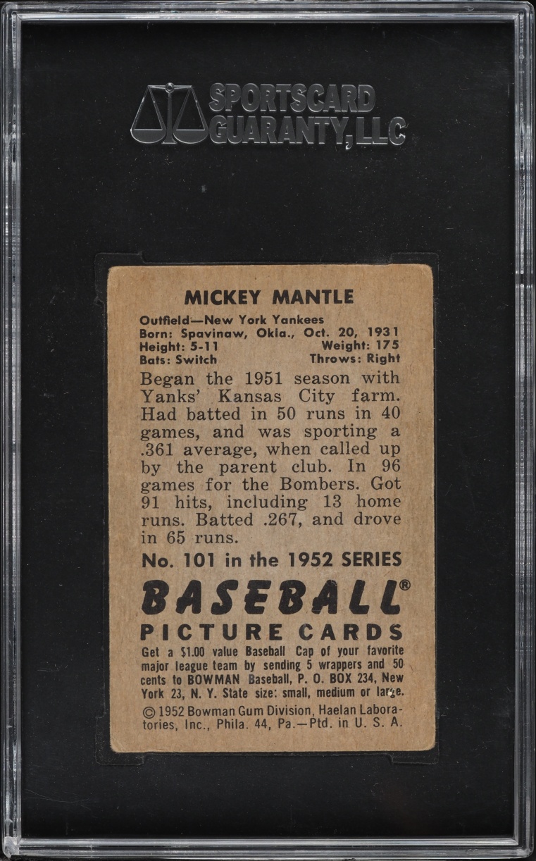 1952 Bowman Mickey Mantle #101 SGC 3 VG