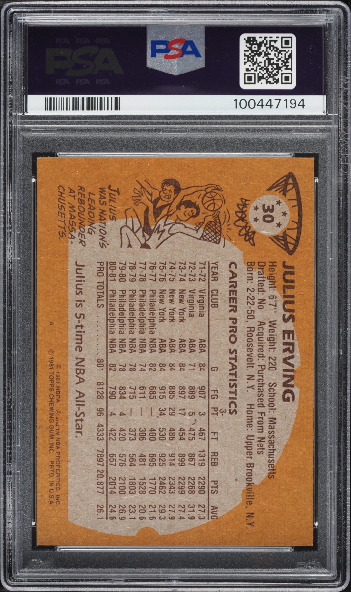 1981 Topps Basketball Julius Erving #30 PSA 8 NM-MT