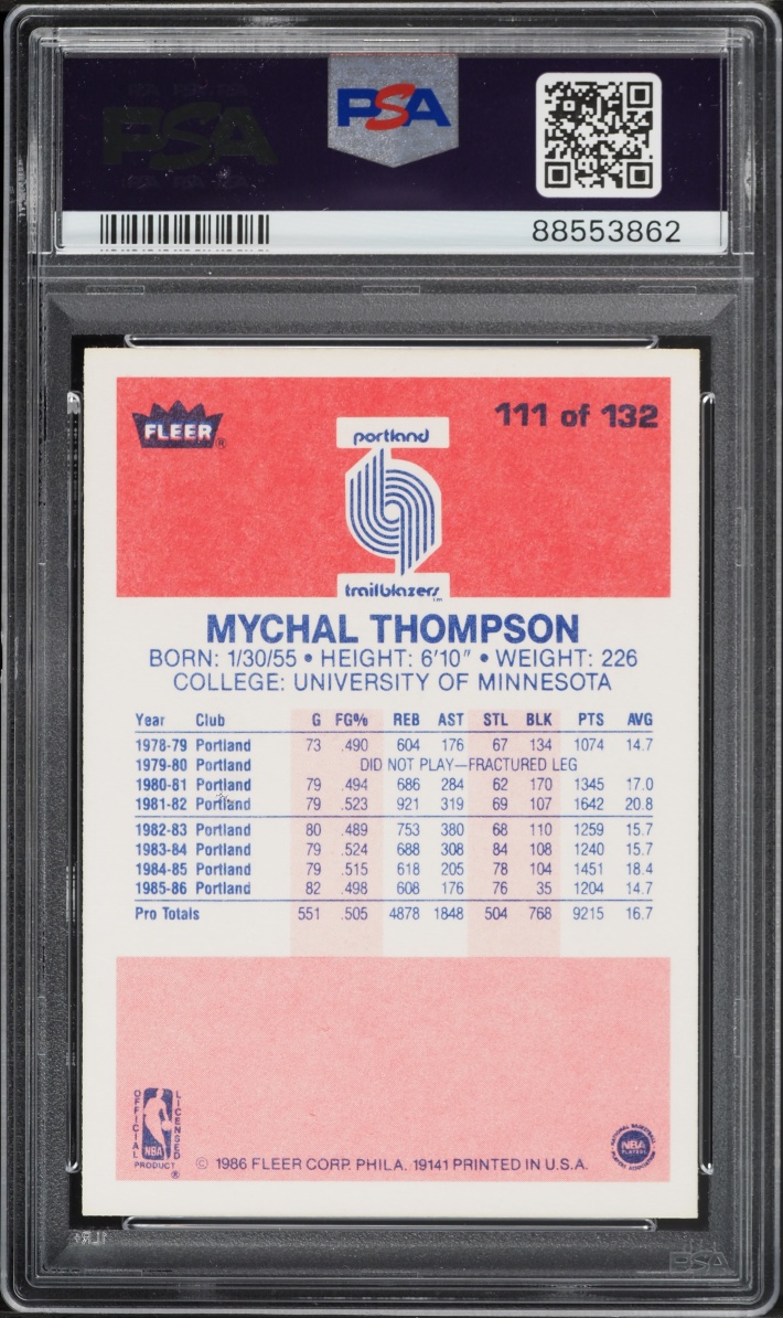 1986 Fleer Basketball Mychal Thompson #111 PSA 9 MINT