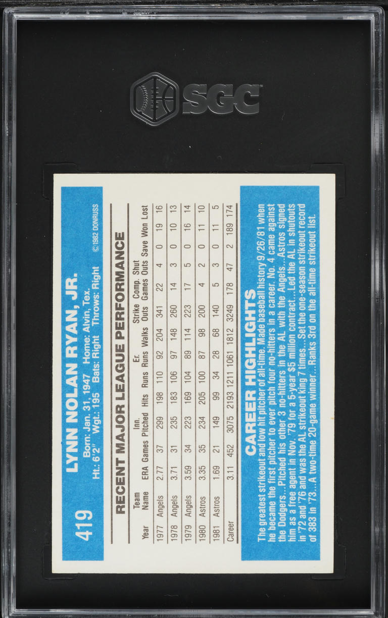 1982 Donruss Nolan Ryan #419 SGC 8.5 NM-MT+