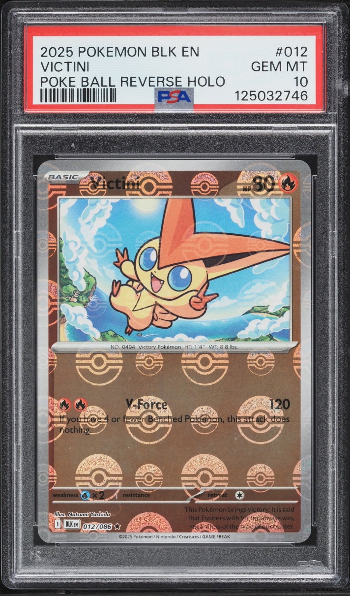 2025 Pokemon Scarlet & Violet Black Bolt Poke Ball Reverse Holo Victini #12 PSA 10 GEM MINT