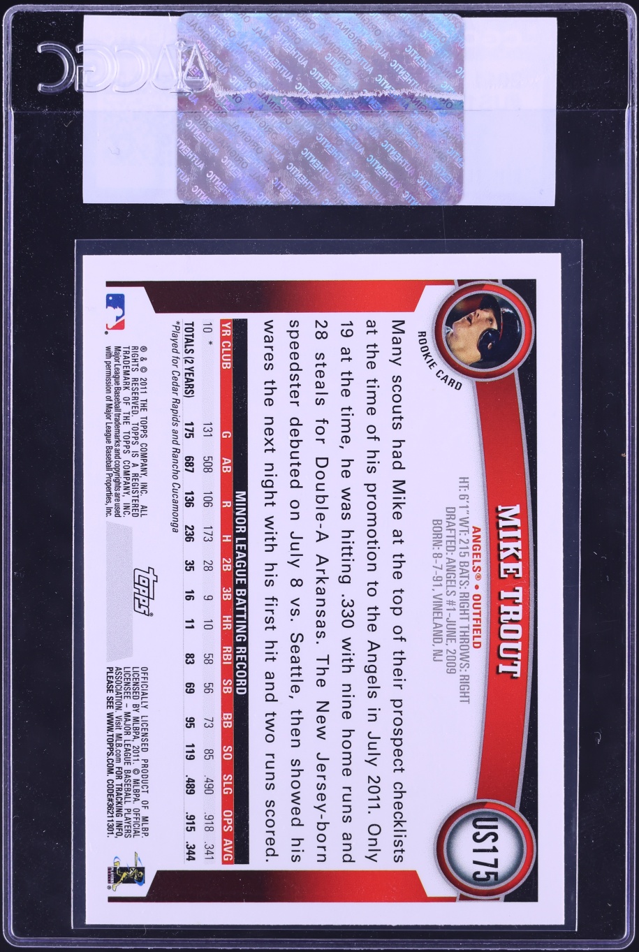 2011 Topps Update Mike Trout ROOKIE #US175 CGC AUTH