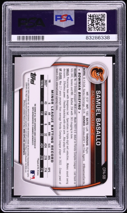 2023 Bowman Chrome Speckle Samuel Basallo PROSPECT AUTO /299 #CPA-SB PSA 10 GEM MINT