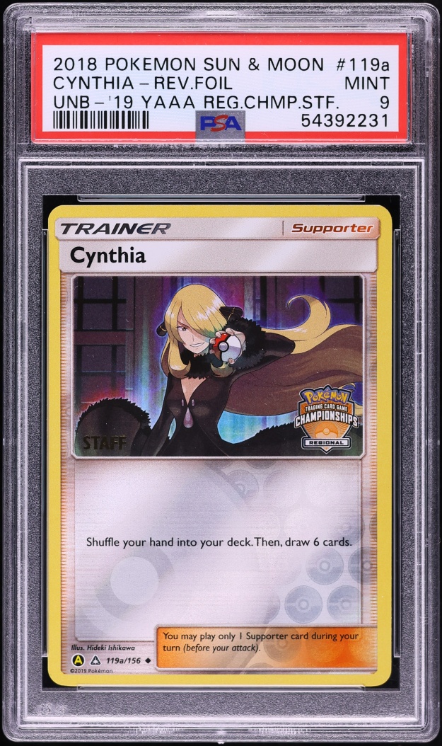 2018 Pokemon SM Ultra Prism '19 YAAA Championship Staff Reverse Holo Cynthia #119a PSA 9 MINT
