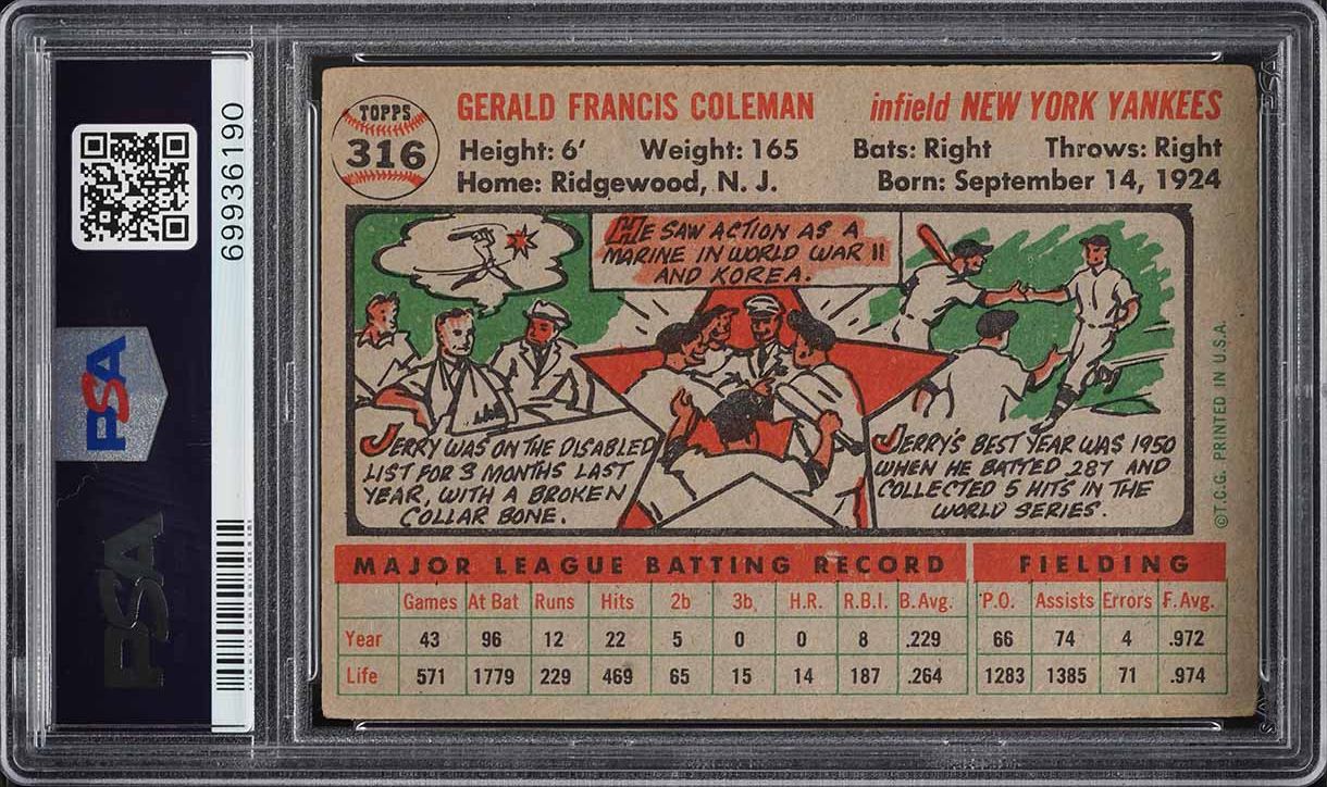 1956 Topps Jerry Coleman #316 PSA 3 VG