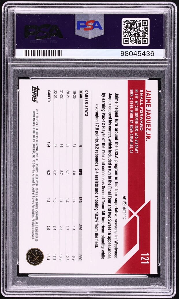 2023 Topps Chrome Speckle Refractor Jaime Jaquez Jr. ROOKIE /299 #121 PSA 10 GEM MINT