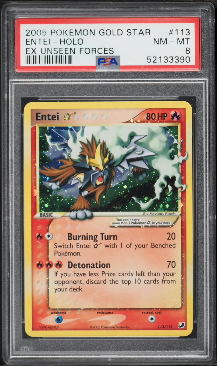 2005 Pokemon EX Unseen Forces Holo Entei Gold Star #113 PSA 8 NM-MT