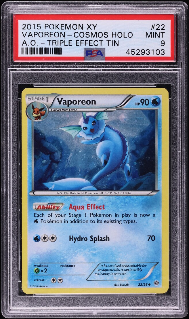 2015 Pokemon XY Ancient Origins Triple Effect Tin Cosmos Holo Vaporeon #22 PSA 9 MINT